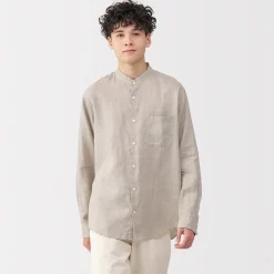 Chemises^Muji Chemise à col mao en lin lavé pour homme