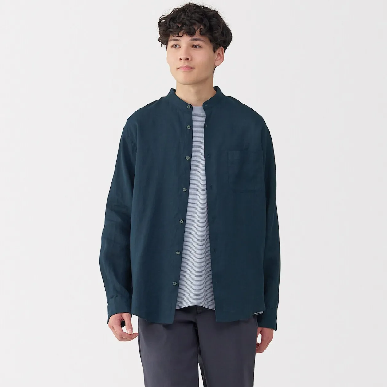 Chemises^Muji Chemise à col mao en lin lavé pour homme