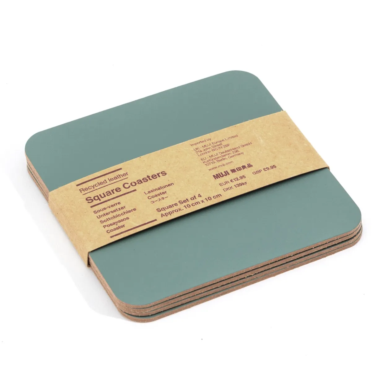 Linge De Table^Muji Lot de 4 dessous de verre rectangulaires en cuir recyclé, Eukalyptus