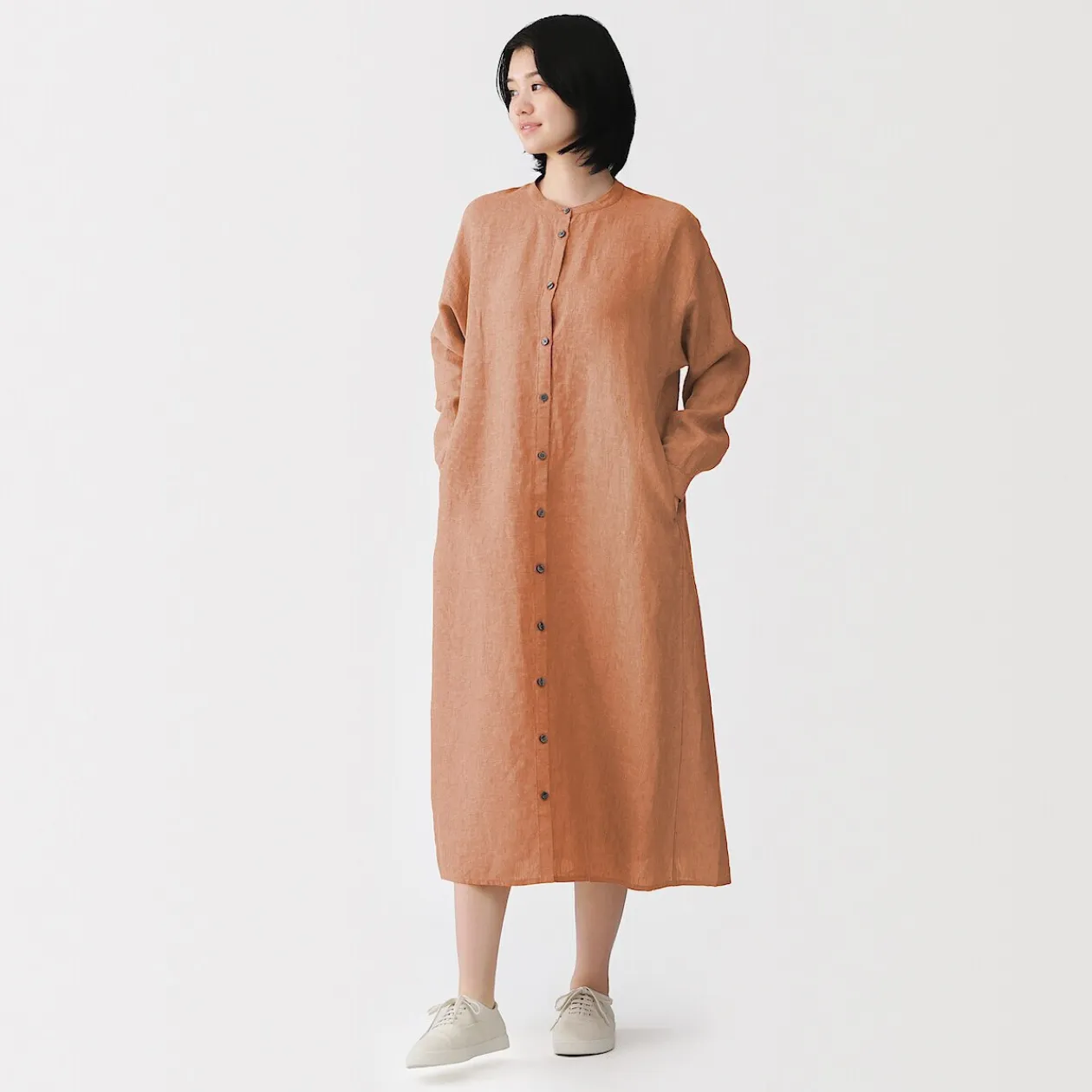 Robes Et Tuniques^Muji Robe-chemise à col officier en lin lavé pour femme
