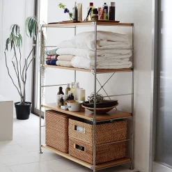 Étagères En Pin Et En Acier^Muji Étagère en acier inoxydable plaquée chêne large ‐ 4 niveaux (Dont Eco part. 2,80 €)