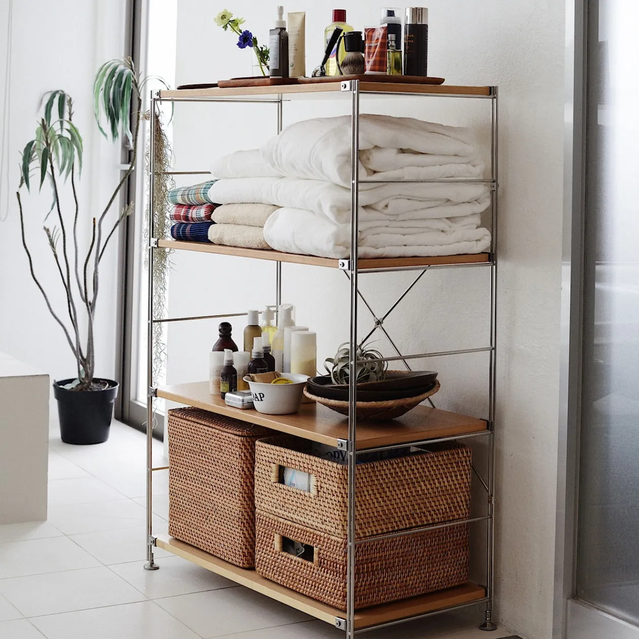 Étagères En Pin Et En Acier^Muji Étagère en acier inoxydable plaquée chêne large ‐ 4 niveaux (Dont Eco part. 2,80 €)